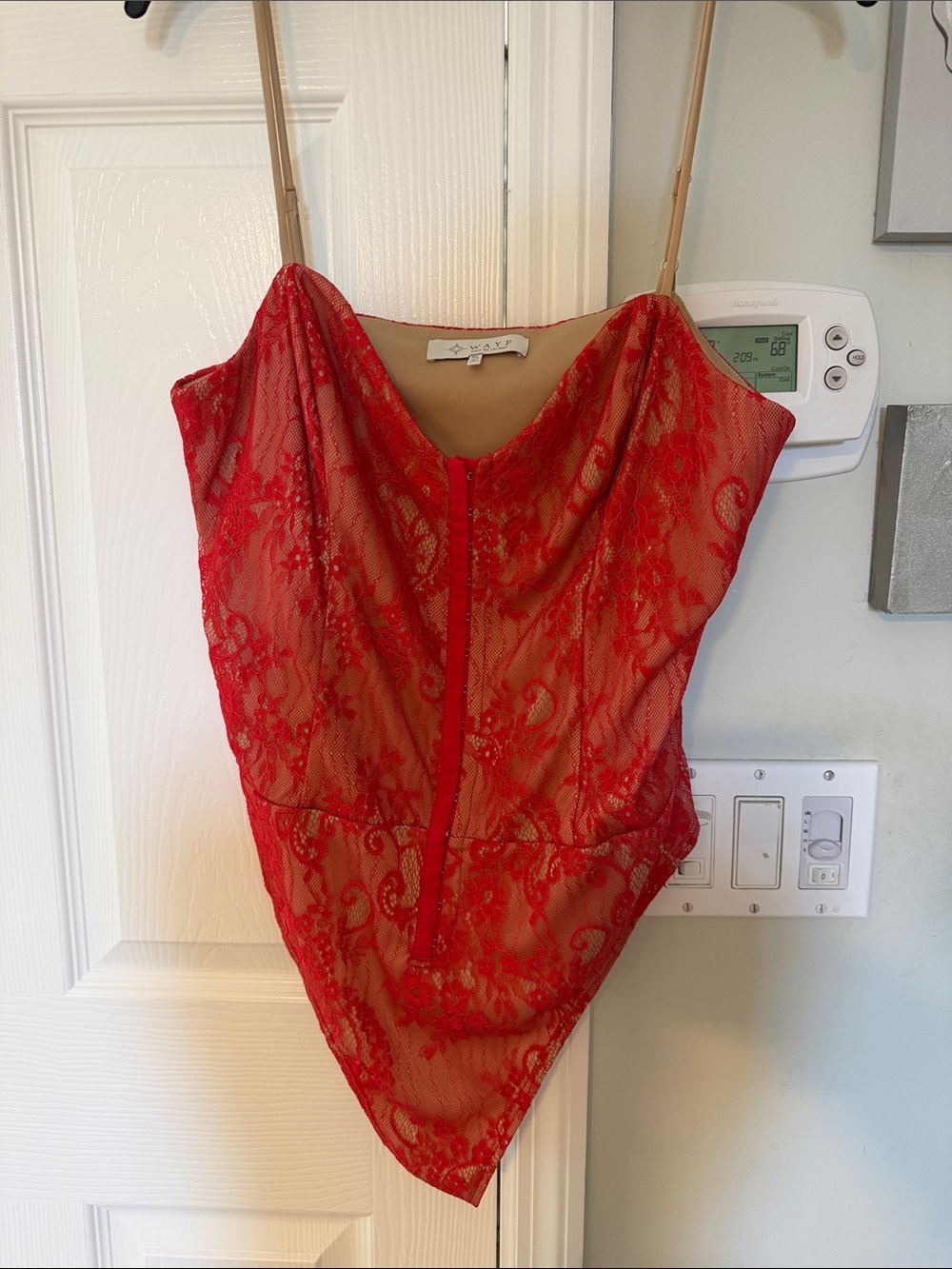 Wayf Red Floral Lace Bodysuit with Nude Lining